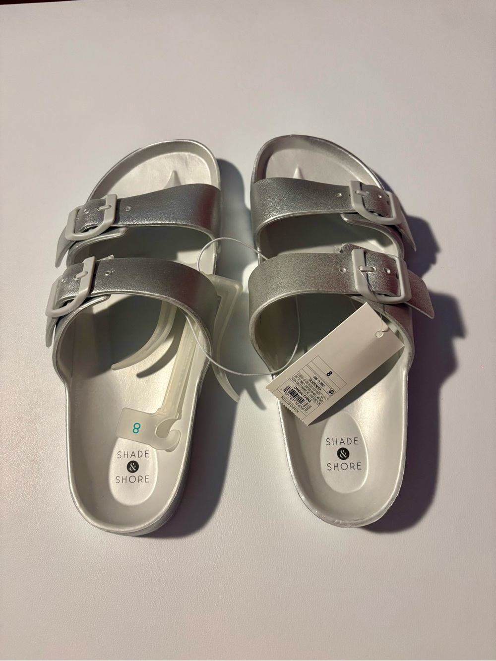 NWT Shade & Shore Metallic Silver Neida Two Strap Slide Sandals Summer Sheen